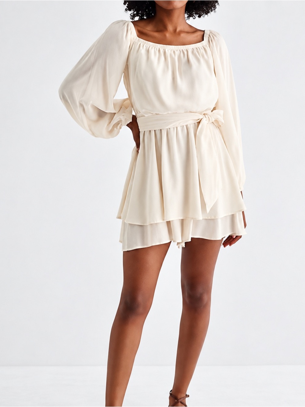 NWT Express Ivory Ruffle Tie Waist Convertible Romper Dress